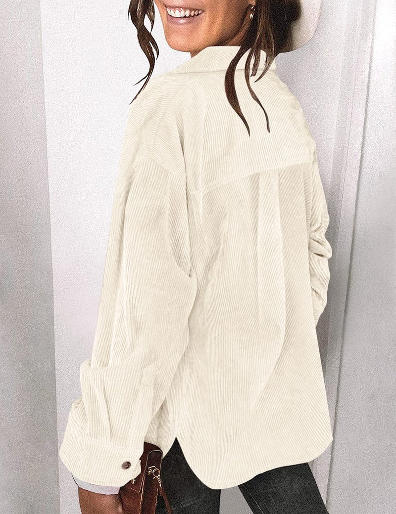 Saslax Womens Corduroy Shirt Long Sleeve Oversized Button Up V Neck Blouses Tops Loose Casual Ribbed Jackets with Pockets Beige M - Image 5