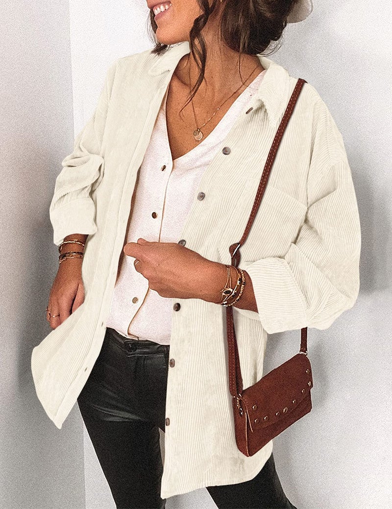 Saslax Womens Corduroy Shirt Long Sleeve Oversized Button Up V Neck Blouses Tops Loose Casual Ribbed Jackets with Pockets Beige M - Image 2