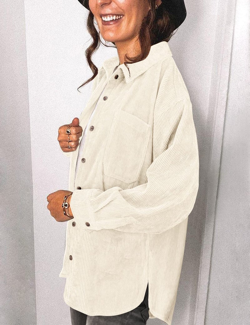 Saslax Womens Corduroy Shirt Long Sleeve Oversized Button Up V Neck Blouses Tops Loose Casual Ribbed Jackets with Pockets Beige M - Image 4