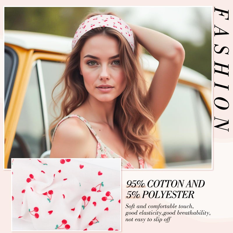 obeoby Floral Stripe Headbands for Daily Outfit Gatherings, Cherry Hairbands for Teen Girls Non Slip Cotton Fashion Hair Bands - Image 3