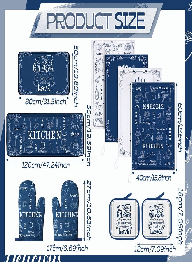 Fourluoo 10 Pcs Farmhouse Kitchen Decor Set 4 Navy Blue Kitchen Dish Towels 2 Blue and White Pot Holders 2 Oven Mitts 2 Rustic Rugs Mats for Floor for Home Decorations Cooking Baking Mom Gifts Accessories - Image 3