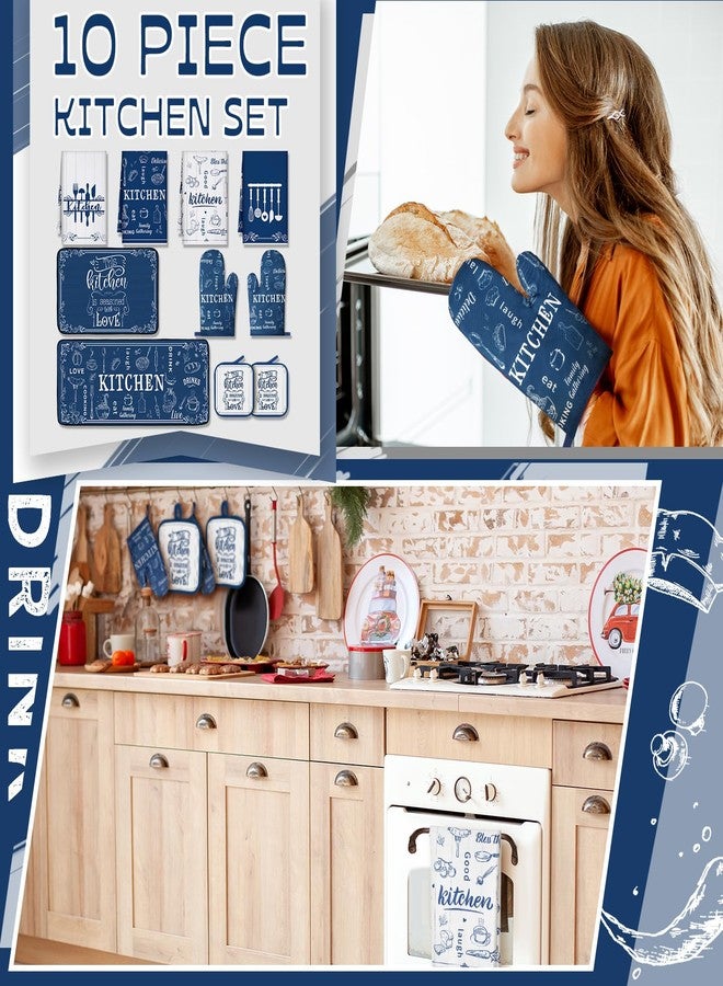 Fourluoo 10 Pcs Farmhouse Kitchen Decor Set 4 Navy Blue Kitchen Dish Towels 2 Blue and White Pot Holders 2 Oven Mitts 2 Rustic Rugs Mats for Floor for Home Decorations Cooking Baking Mom Gifts Accessories - Image 2