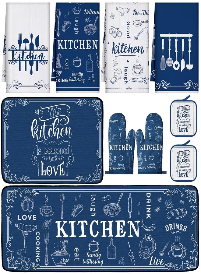 Fourluoo 10 Pcs Farmhouse Kitchen Decor Set 4 Navy Blue Kitchen Dish Towels 2 Blue and White Pot Holders 2 Oven Mitts 2 Rustic Rugs Mats for Floor for Home Decorations Cooking Baking Mom Gifts Accessories - Image 1