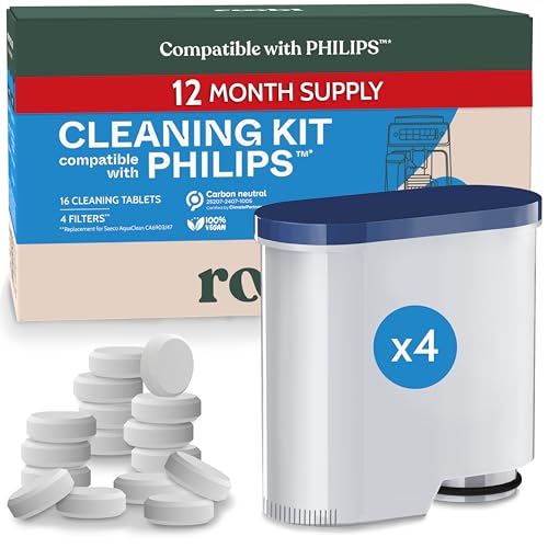 Roobi Cleaning Tablets & Filters Compatible with Philips Saeco. Includes 16 Espresso Cleaning Tablets & 4 Water Filters. Carbon Neutral Philips Cleaner Kit. 1 Year Supply. - Image 1