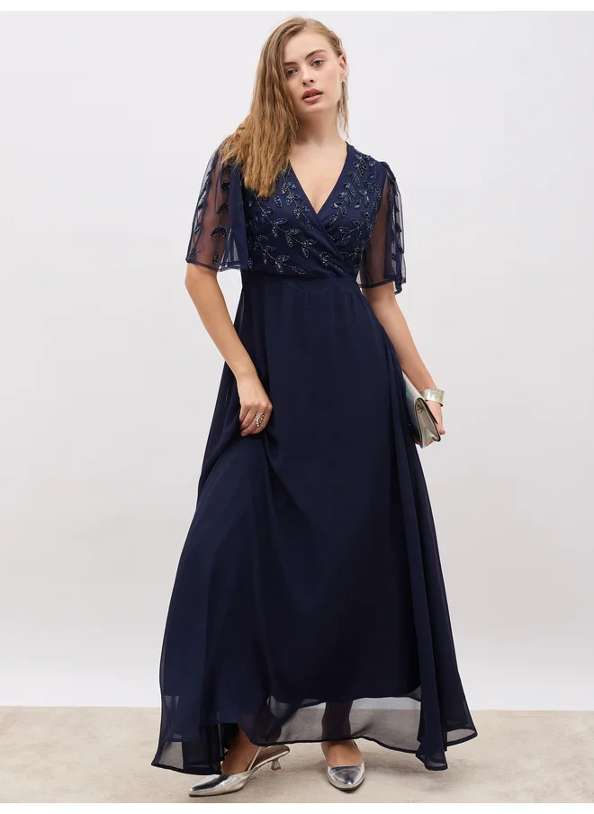 ستايلي Styli Embellished Flared Sleeves A-Line Maxi Dress