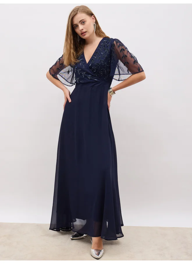 ستايلي Styli Embellished Flared Sleeves A-Line Maxi Dress