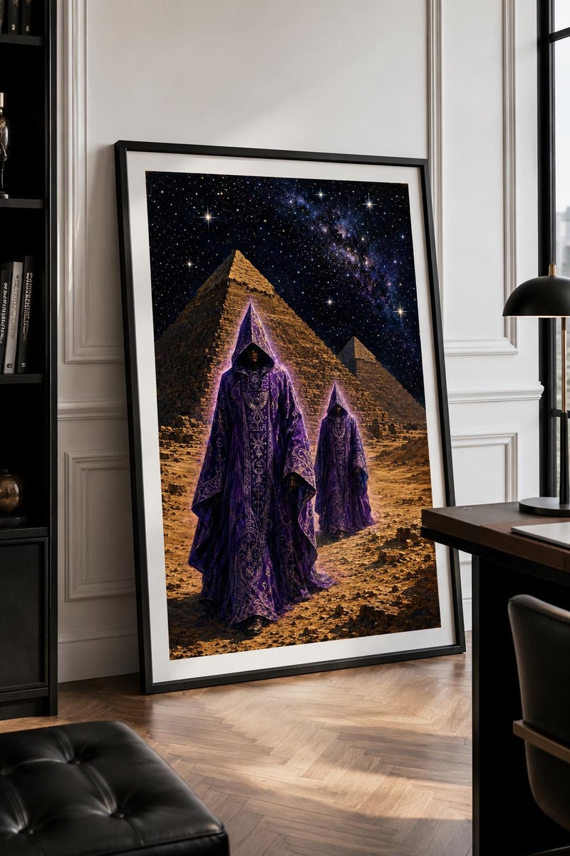 TNESSENTIAL Mystic Pyramid Poster, Cosmic Desert Wall Art, Purple Figures Print, Sci-Fi Fantasy Decor - Image 1
