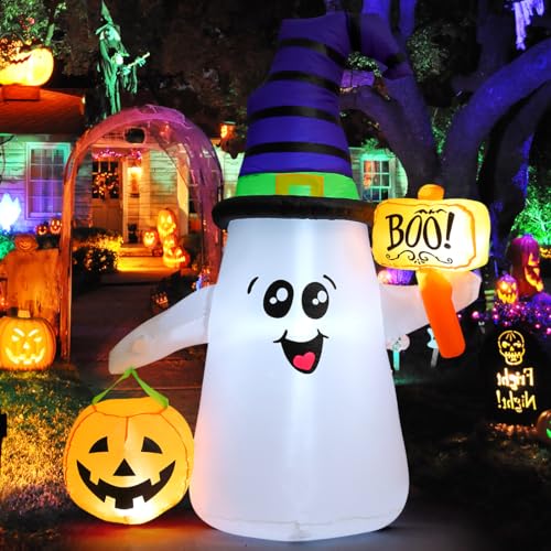 GOOSH 5 FT Halloween Inflatables Ghost Outdoor Decorations Blow Up Yard Cute Wizard Ghost with Pumpkin with Built-in LEDs for Garden Lawn Indoor Party Holiday Decor - Image 1