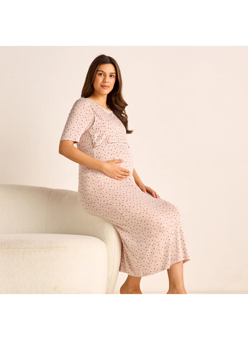 سبلاش فيڤ Printed Maternity Night Dress with Round Neck and Short Sleeves