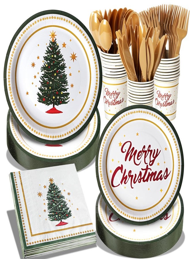 Dereinwo مجموعة أدوات حفلة شجرة عيد الميلاد 175 قطعة من ديرينوو - أطباق ورقية، مناديل، أكواب، شوك، سكاكين، ملاعق لعيد الميلاد باللونين الأخضر والأبيض، أدوات مائدة ورقية قابلة للتصرف لتزيين الطاولة - Image 1