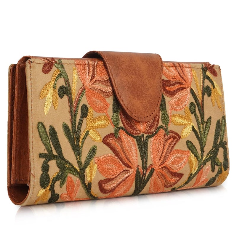 EVEDA Floral Embroidered Wallet for Women, GreenPU Leather with Pink Flowers, Multi Compartment with Magnetic Button (Tan) - Image 1