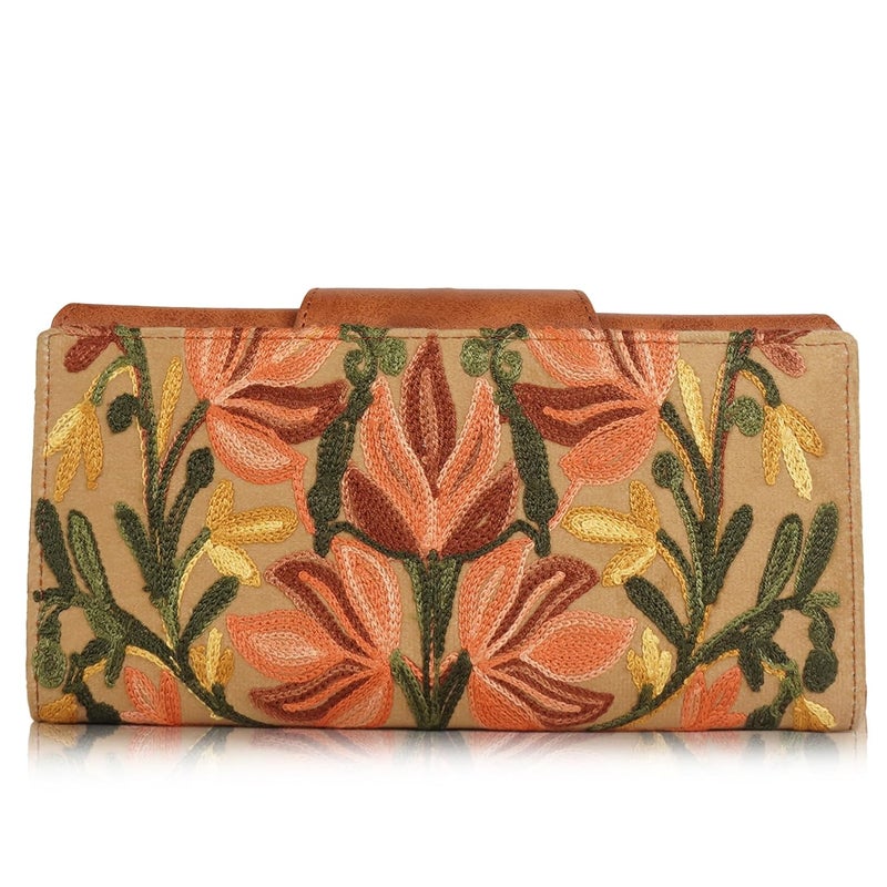 EVEDA Floral Embroidered Wallet for Women, GreenPU Leather with Pink Flowers, Multi Compartment with Magnetic Button (Tan) - Image 2