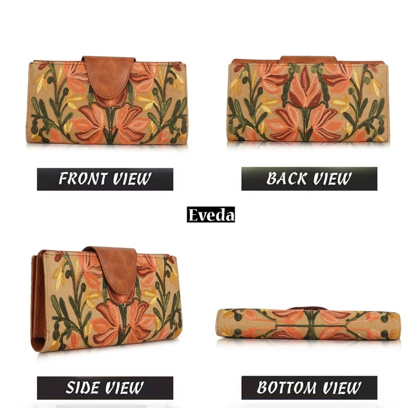 EVEDA Floral Embroidered Wallet for Women, GreenPU Leather with Pink Flowers, Multi Compartment with Magnetic Button (Tan) - Image 3