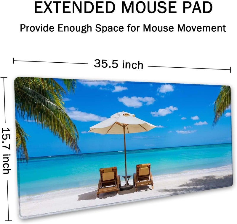 SSOIU Gaming Mouse Pad, Extended Mouse Pad, 35.5x15.7inch XXL Large Big Computer Keyboard Mouse Mat Desk Pad with Non-Slip Base and Stitched Edge for Home Office Gaming Work, Turquoise Tropical Sea - Image 2
