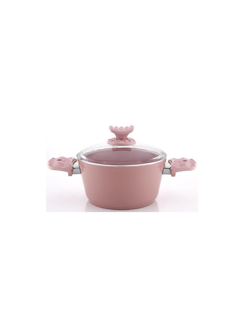 Homemaker Hella Ceramic Non-Stick Surface Casserole - 22cm - Tempered Glass Lid - PFOA Free - Pink