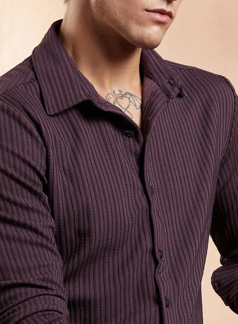 Campus Sutra Campus Sutra Men's Amethyst Purple Rope-Striped Tactile Shirt For Casual Wear | Spread Collar | Long Cuffed Sleeves | Button Closure | Shirt Crafted With Comfort Fit For Everyday Wear