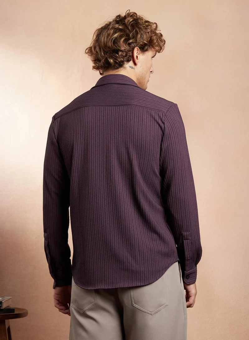 Campus Sutra Campus Sutra Men's Amethyst Purple Rope-Striped Tactile Shirt For Casual Wear | Spread Collar | Long Cuffed Sleeves | Button Closure | Shirt Crafted With Comfort Fit For Everyday Wear