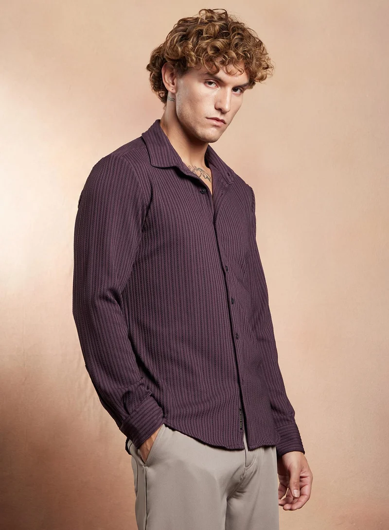 Campus Sutra Campus Sutra Men's Amethyst Purple Rope-Striped Tactile Shirt For Casual Wear | Spread Collar | Long Cuffed Sleeves | Button Closure | Shirt Crafted With Comfort Fit For Everyday Wear