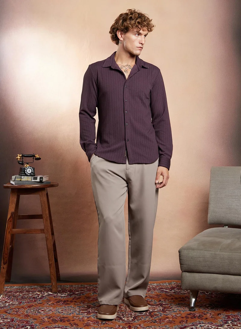 Campus Sutra Campus Sutra Men's Amethyst Purple Rope-Striped Tactile Shirt For Casual Wear | Spread Collar | Long Cuffed Sleeves | Button Closure | Shirt Crafted With Comfort Fit For Everyday Wear