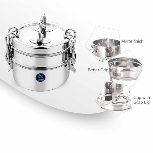 WIAA Stainless Steel Tiffin Box | Lunchbox | Office Lunch Box | School Lunch Box Sada Tiffin with Locking Clip (2 Tier) - Image 3