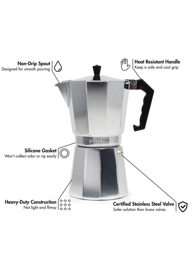 Primula Classic Stovetop Espresso and Coffee Maker, Moka Pot for Italian and Cuban Café Brewing, Greca Coffee Maker, Cafeteras, 9 Espresso Cups, Silver - Image 1