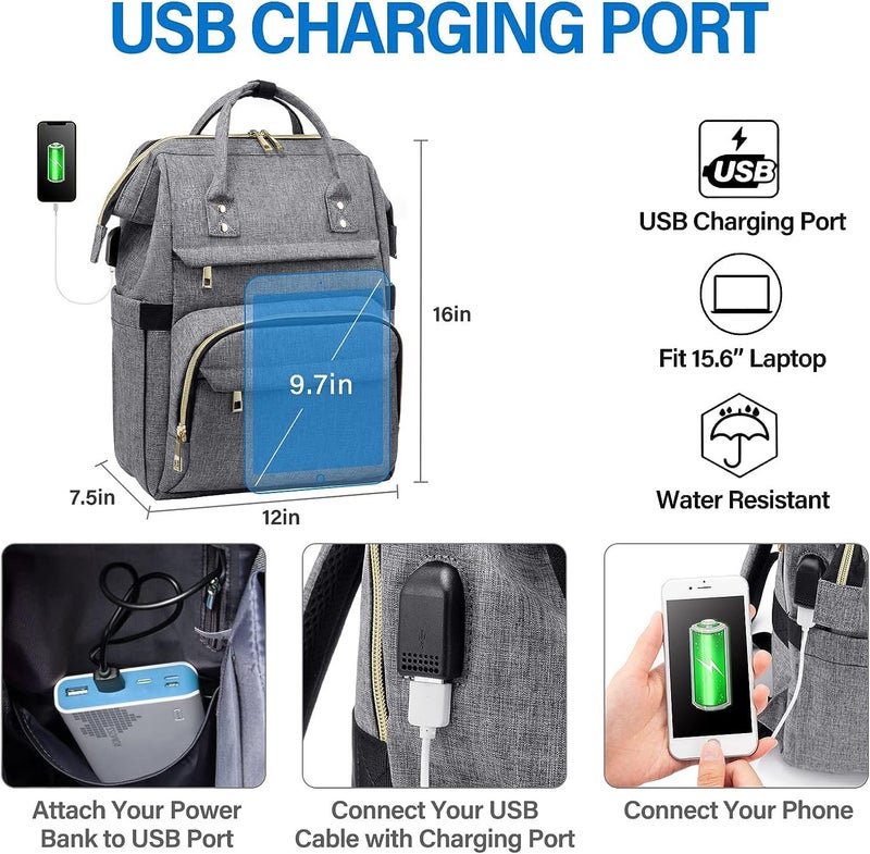 Contacts Unisex 4 Compartment Laptop Backpack, 15.6 Inch Work Backpack Purse Waterproof Anti-Theft Travel Back Pack With USB Charging Port (Grey) - Image 2