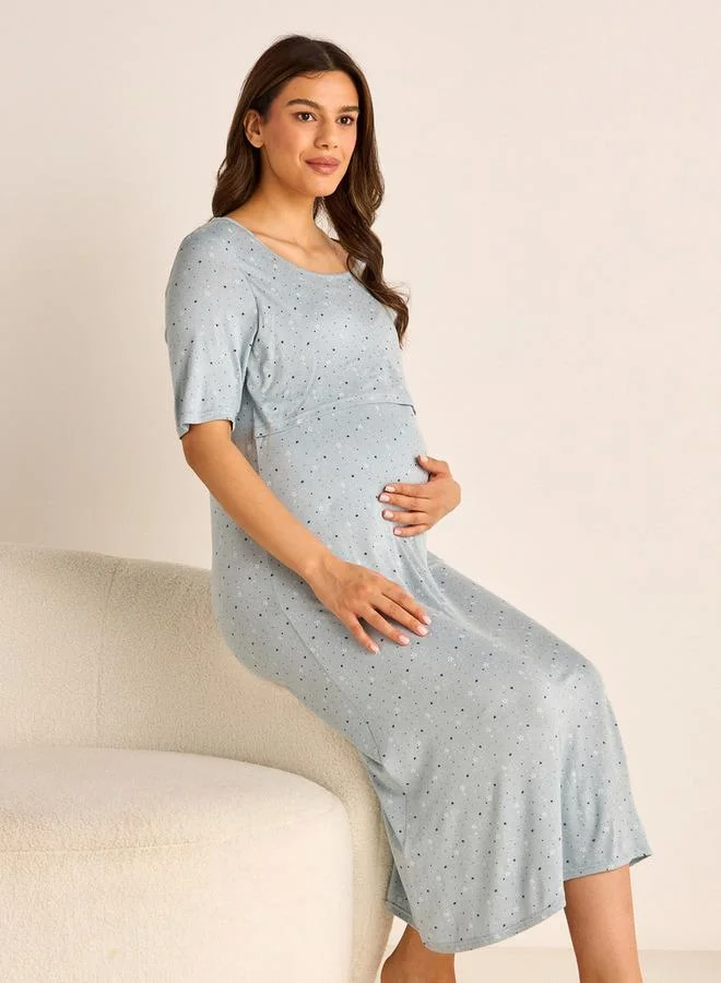Splash FAV Printed Maternity Night Dress with Round Neck and Short Sleeves