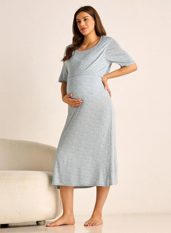Splash FAV Printed Maternity Night Dress with Round Neck and Short Sleeves