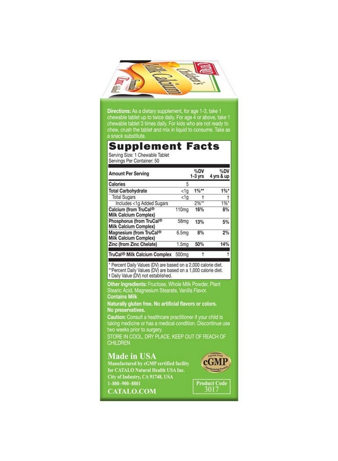 CATALO Toddler Children’s Milk Calcium Formula with Zinc Added - TruCal® Milk Calcium, Phosphorus, Magnesium, and Chelated Zinc - Vanilla Flavor, 100 Chewable Tablets - Image 2