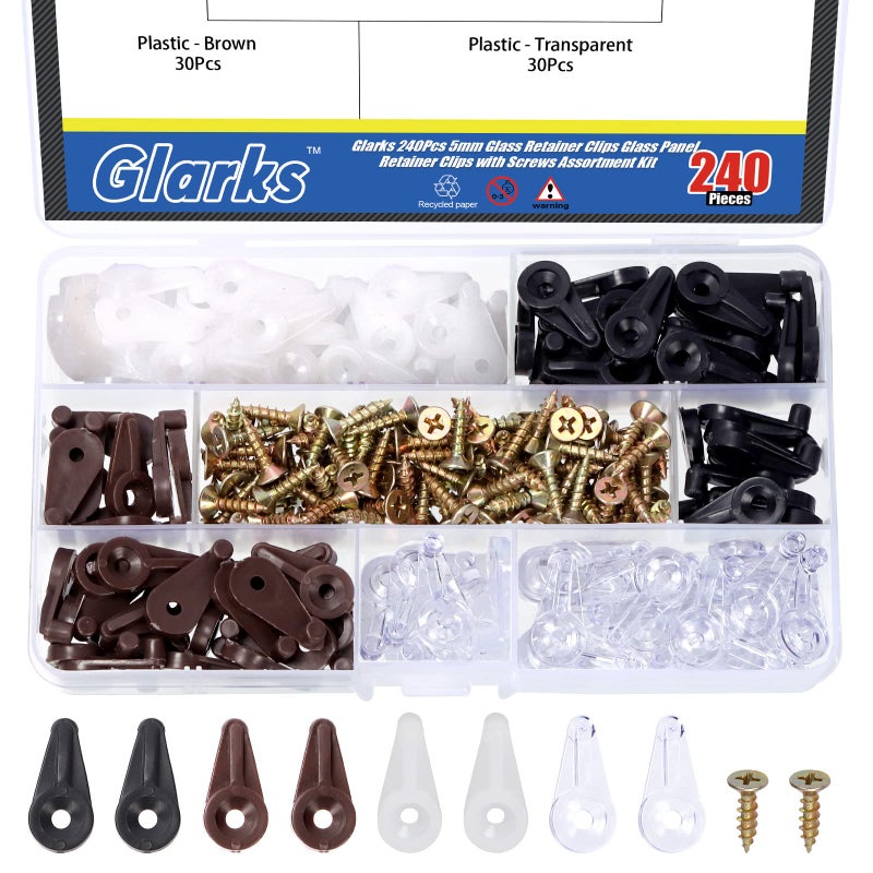 Glarks 240Pcs 4 Colors 5mm Glass Retainer Clips with Screws Kit ClearWhiteBlackBrown Plastic Glass Panel Retainer Clips Window Screen Cabinet Door Clips for Fixing Mirror Glass Cabinet Doors