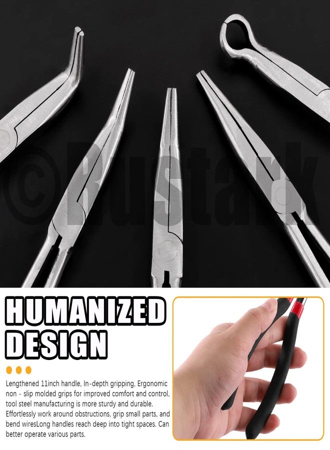Rustark 5Pcs 11 inch Long Needle Nose Pliers Set Automotive Heavy Duty Long Reach Hose Pliers - Straight, 25, 45, 90 Degree Angle, Circle for Easy Removing and Installing Spring Clips Lines Hoses - Image 5