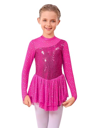 ODASDO Figure Skating Dress for Girls Ice Skating Kids Teenager Girl Mesh Long Sleeve Sparkly Rhinestones Sequin Skirted Leotard Gymnastics Competition Ballet Outfit Dancewear Hot Pink 1112 Years - Image 1