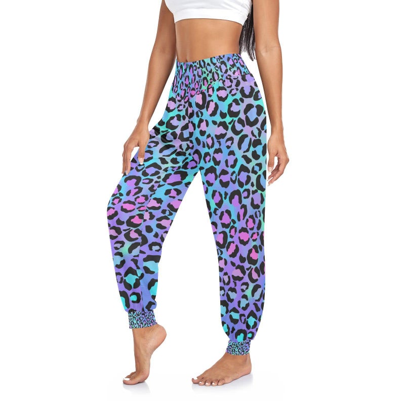 Aflyko Leopard Print Neon Women Dance Pants Boho Trousers Yoga Sweatpants Moisture-Wicking Casual Pants Sportwear L - Image 1