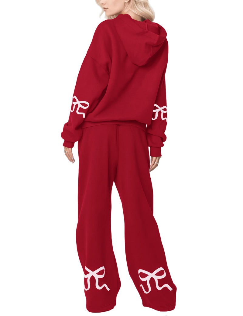 Livtany Women's 2 Piece Outfits Bow Trim Print Hoodie Sweatsuit Sets Oversized Sweatshirt Wide Leg Sweatpants With Pockets - Image 1