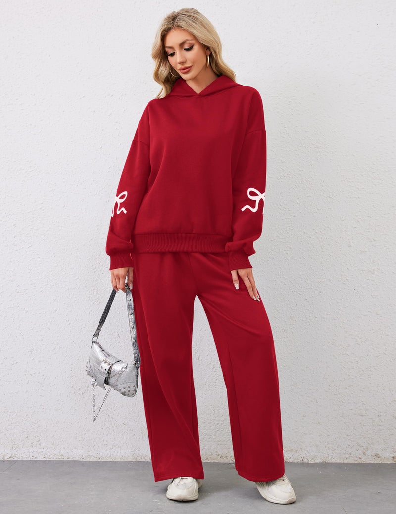 Livtany Women's 2 Piece Outfits Bow Trim Print Hoodie Sweatsuit Sets Oversized Sweatshirt Wide Leg Sweatpants With Pockets - Image 4