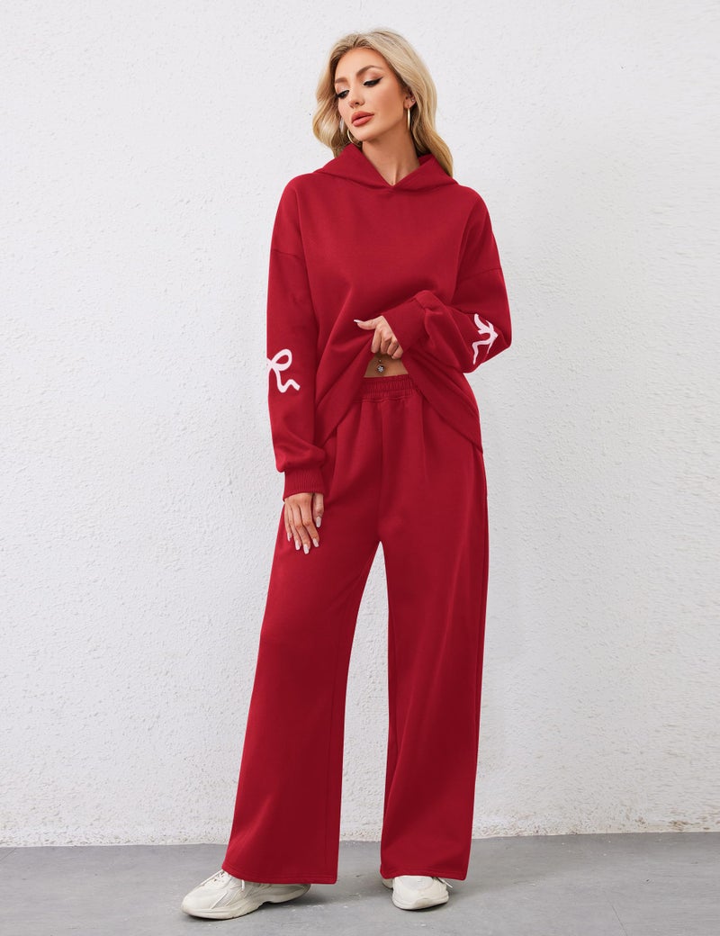 Livtany Women's 2 Piece Outfits Bow Trim Print Hoodie Sweatsuit Sets Oversized Sweatshirt Wide Leg Sweatpants With Pockets - Image 2