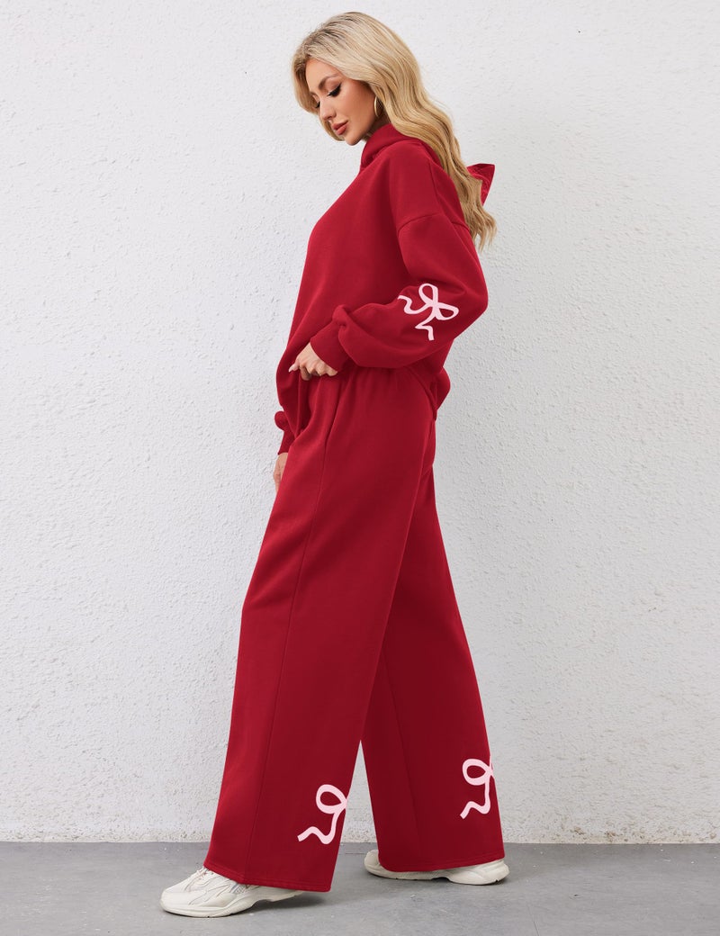 Livtany Women's 2 Piece Outfits Bow Trim Print Hoodie Sweatsuit Sets Oversized Sweatshirt Wide Leg Sweatpants With Pockets - Image 3