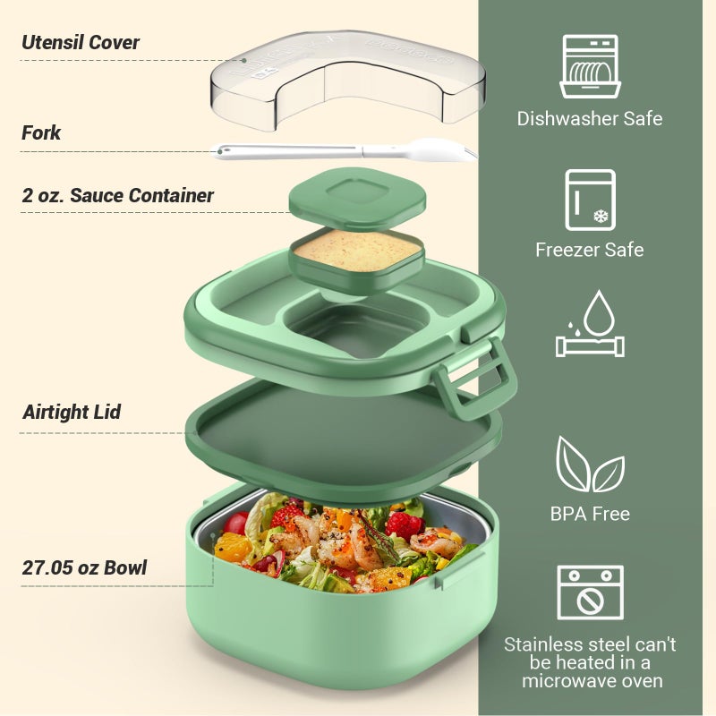 PEDECO Single-Layer Bento Lunch Box for Kids & Adults with Removable Stainless Steel Lunch Container,Dressing Container,BPA-Free,Dishwasher Safe - Includes Utensil(Green,Not Insulated) - Image 2
