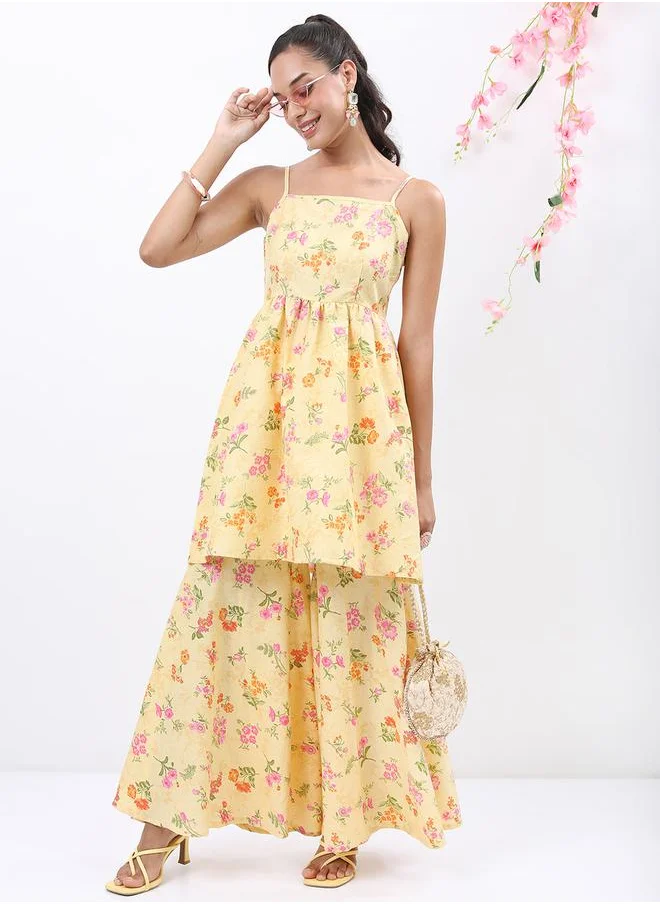 Vishudh Floral Print Gathered Longline Tunic Kurti and Flared Pant Set by Styli