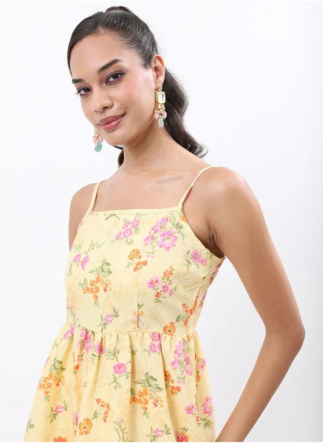 Vishudh Floral Print Gathered Longline Tunic Kurti and Flared Pant Set by Styli