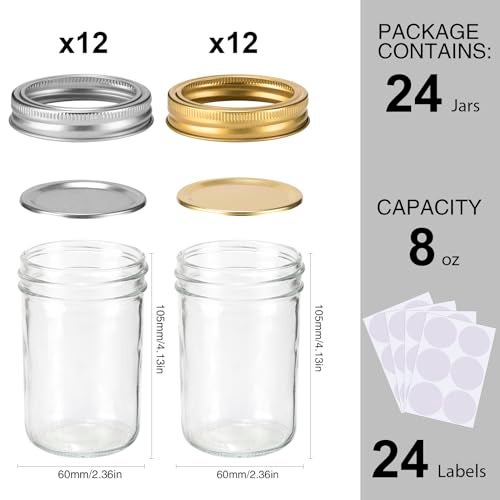 SPANLA Mason Jars 8 oz, 24 Pack Canning jars 8 oz Jelly Jars With Regular Lids and Bands, Half Pint Glass Jars Ideal for Jam, Honey, Wedding Favors, Shower Favors - Image 2