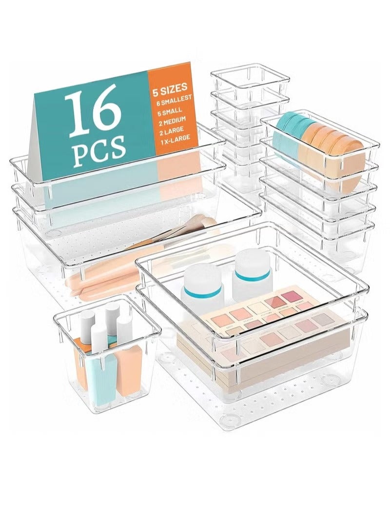 Arabest 16 Pcs Desk Drawer Organizers Trays Set Clear Plastic Storage Bins Bathroom Drawer Tray Dividers Vanity Trays Organizer for Bedroom Dresser Makeup Kitchen Utensil Office - Image 1