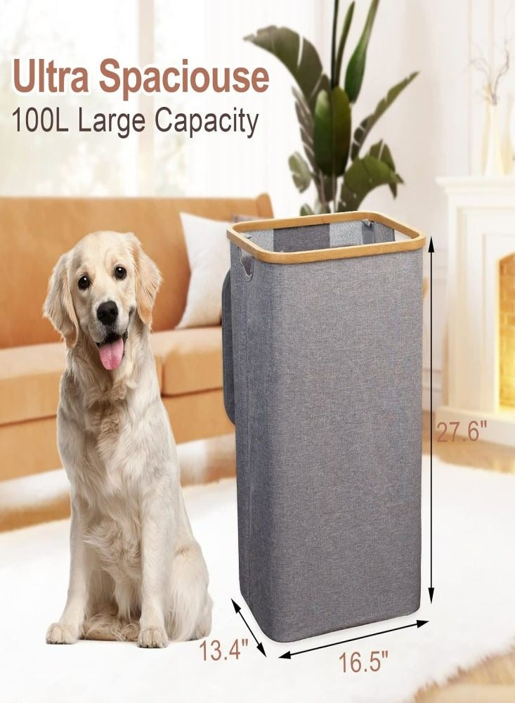 Loquat Laundry Basket Hamper with Lid Removable Inner Bag Standing 100L Large Capacity Foldable Dirty Clothes Container Bin Grey for Home Bathroom Kitchen - Image 3