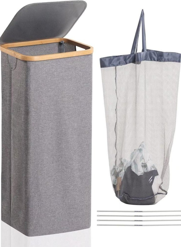 Loquat Laundry Basket Hamper with Lid Removable Inner Bag Standing 100L Large Capacity Foldable Dirty Clothes Container Bin Grey for Home Bathroom Kitchen - Image 1