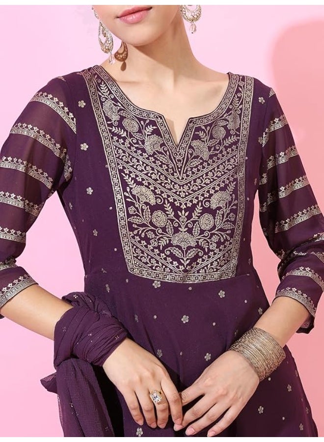 Vishudh Women's  Dress & Dupatta Set | Ready-to-Wear Indian Outfit for Women | Coordinate Fashion for Indian Celebrations Polyester  2xl PURPLE - Image 5
