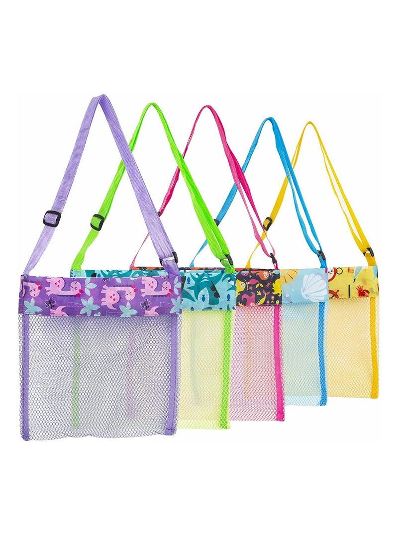 Excefore حقائب ألعاب الشاطئ على شكل قواقع، حقيبة شاطئ للأطفال حقائب شاطئ شبكية ملونة لحقيبة قواقع الأطفال لتخزين الألعاب أو الفواكه أو الخضروات، العبوة تشمل 5 قطع - Image 1
