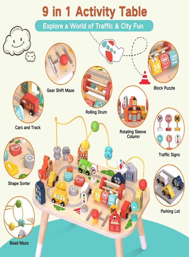 Weilim Wooden Montessori Activity Table for Toddlers, Baby Busy Table with Bead Maze, Shape Sorter, Cars & Road Signs, Traffic Learning Activity Center Sensory Toys for Birthday Gift Boys Girls 1+ Year Old - Image 2