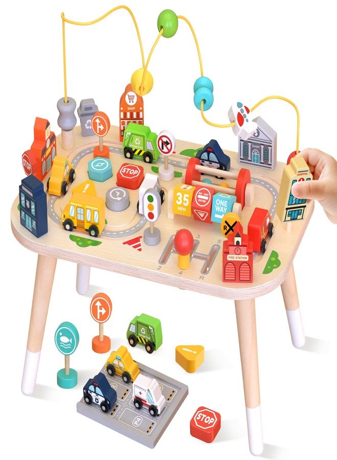 Weilim Wooden Montessori Activity Table for Toddlers, Baby Busy Table with Bead Maze, Shape Sorter, Cars & Road Signs, Traffic Learning Activity Center Sensory Toys for Birthday Gift Boys Girls 1+ Year Old - Image 1