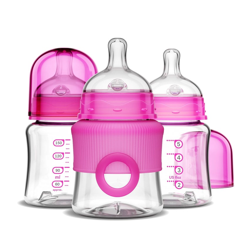 Smilo Baby Bottle Set with Stage 0 Slow Flow Anti Colic Nipple 5 Oz 150 ml Capacity 3X Pack of Anti Colic Baby Bottles 03 Months Pink