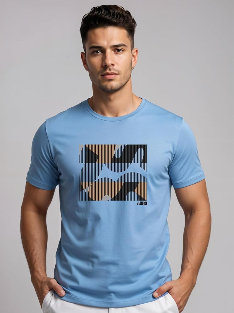 adro تي شيرت ADRO للرجال بقصة عادية - تصميم خطوط تمويه تجريدية باللون الأزرق السماوي - Image 2